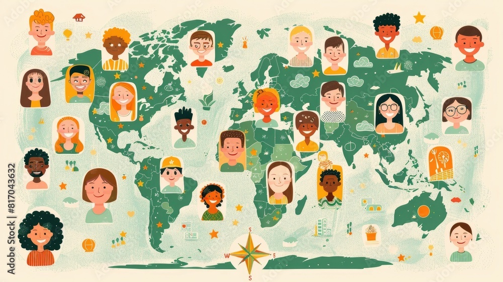 Poster diverse classroom of global students learns together on world map background