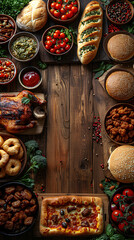 Top view of Pizza, fried chicken,hamburger, donuts, in a wood table, empty space un the middle for text_17