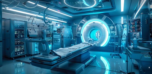 A futuristic medical room with an MRI machine, surrounded by holographic displays showing data and health information.