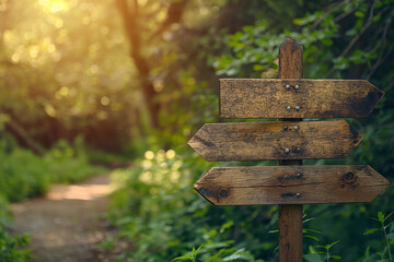 Naklejka premium Wooden crossroad signpost in jungle, walking trekking