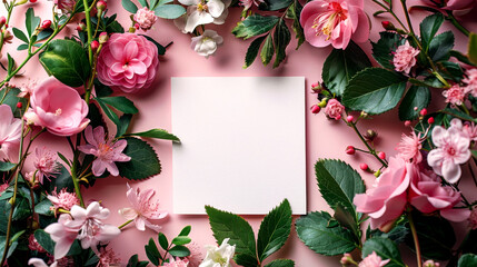 Obraz premium Fancy invitation template with floral border and white paper. Blank copy space.