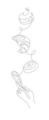 Bakery desserts croissant, cake, bun and whisk drawing in linear style vertical silhouette on white background