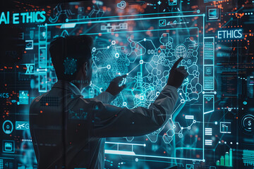 Big data technology and data science. Data scientist querying, analysing and visualizing complex set on virtual screen. Data flow concept. Neural network, artificial intelligence, ML, analytics,with w