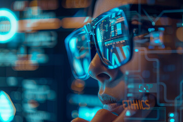 Fototapeta premium Big data technology and data science. Data scientist querying, analysing and visualizing complex set on virtual screen. Data flow concept. Neural network, artificial intelligence, ML, analytics,with w