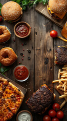 Top view of Pizza, fried chicken,hamburger, donuts, in a wood table, empty space un the middle for text_9