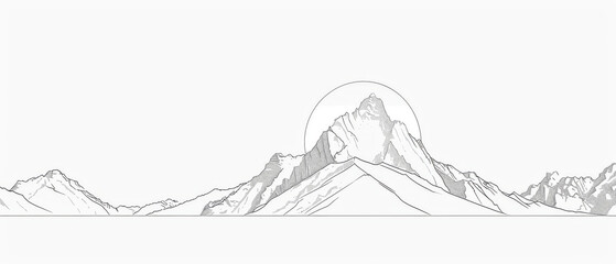 A drawing minimalist mountain range with a sun in the sky