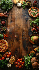 Top view of Pizza, fried chicken,hamburger, donuts, in a wood table, empty space un the middle for text_8