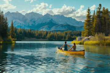 breathtaking commercial photo captures a couple joyfully paddling a boat across a tranquil lake in the USA, with stunning natural landscapes in the background. Serenity and beauty