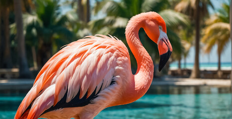 Gorgeous pink flamingo in summer colorful