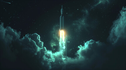 3D rendering of a rocket launching into space, with a dark background and light effects and blue-green tones.