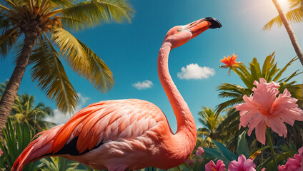 Gorgeous pink flamingo in summer