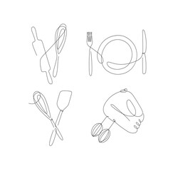 Kitchen appliances rolling pin, whisk, fork, knife, plate, spatula, mixer drawing in linear style on white background.