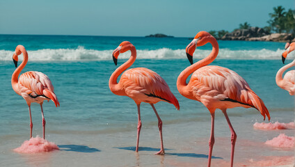 Gorgeous pink flamingo in summer nature