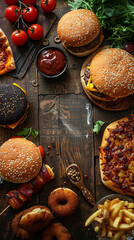 Top view of Pizza, fried chicken,hamburger, donuts, in a wood table, empty space un the middle for text_4