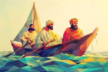 Obraz premium A minimalist illustration featuring Jesus, Peter, and James in a boat, showcasing three peaceful figures with minimalistic details, set in a serene scene that highlights 