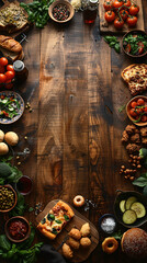 Top view of Pizza, fried chicken,hamburger, donuts, in a wood table, empty space un the middle for text_2