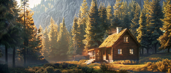 Fototapeta premium A cabin in the woods with a fireplace and a view of the mountains