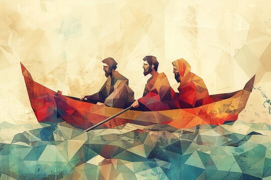 A minimalist illustration featuring Jesus, Peter, and James in a boat, showcasing three peaceful figures with minimalistic details, set in a serene scene that highlights 