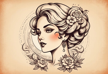 A lady woman tattoo texture design illustration, sketch vintage illustration