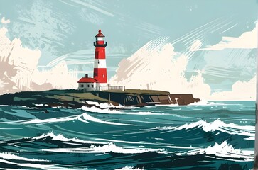 Beautiful illustration of seascape and lighthouse on a sunny day in the morning. art painting style illustration with grunge brush stroke texture. Generative AI