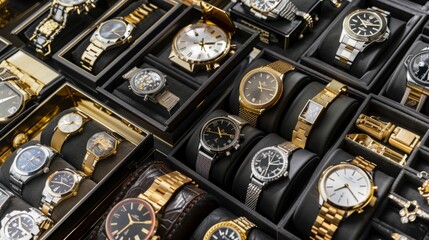 Various gold and silver watches neatly arranged in a box, showcasing a luxurious collection.