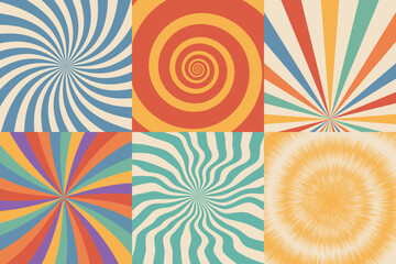 Swirl sunburst psychedelic retro abstract backgrounds 70s style set. Vintage spiral distorted ray patterns.