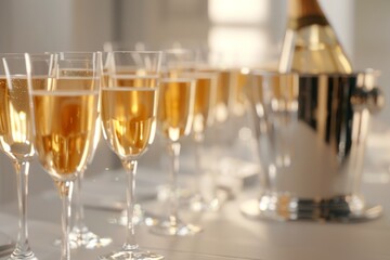 Several glasses of champagne in a bucket are neatly placed in a row on the table against a blurred background. Aperitif at the holiday. Holiday party for birthday or new year