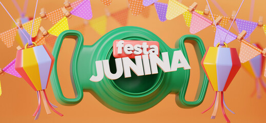 Festa Junina banner with pennants and lanterns. 3d illustration
