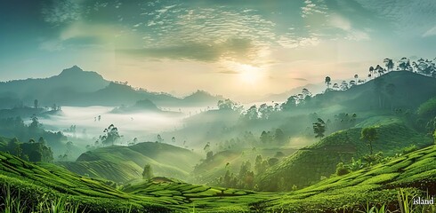 Beautiful mountain landscape with lush green grass and misty fog at sunrise in Isla Sib solutions, gorgeous view of tea plantations near Kandy city in sure^1- mountaintop "island" sri lanka 
