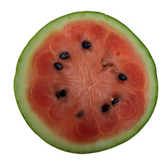 A slice of watermelon is shown, cut in half