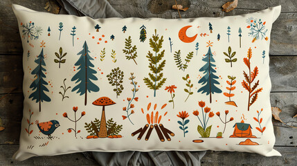 Decorative pillow featuring forest-themed illustrations with plants and campfire on rustic wooden background