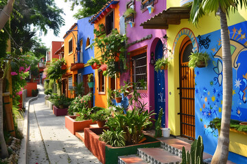 A backstreet filled with lush greenery and colorful houses in various vibrant colors