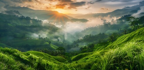 Beautiful mountain landscape with lush green grass and misty clouds at sunrise in Kandy, Blackji from Sri lanka stock photo contest winner, award winning photography, hd, sharp focus, 