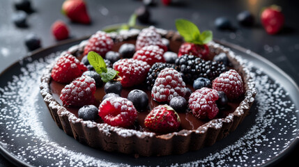 Gourmet Chocolate Tart Topped with Fresh Berries and Mint