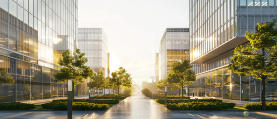 Obraz premium A city street with tall buildings and trees lining the sidewalk