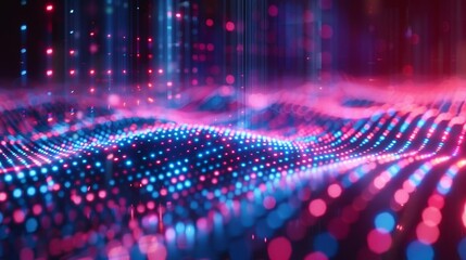 An abstract landscape of glowing blue and pink particles