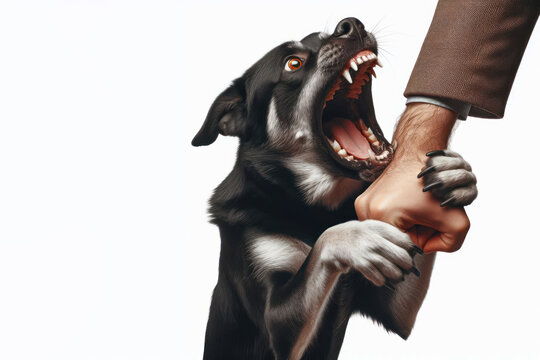 An angry dog with open mouth bit a man hand isolated on a white background