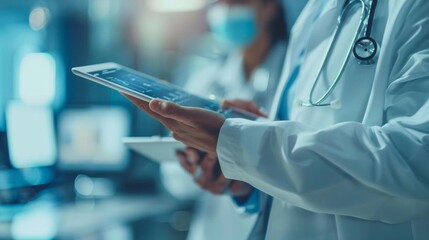 Healthcare professionals in a meeting, discussing over digital tablets and medical charts, excellent for medical consultation services