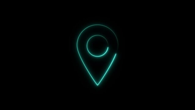Glowing neon line location pin icon and located map pin marker animation