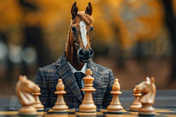 A man dressed in a suit and tie is playing chess with a horse head. Scene is playful and whimsical, as the horse head is an unexpected and amusing addition to the game