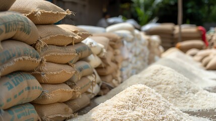 Stacks of sacks filled with white rice sit in a warehouse, ready to be shipped to grocery stores.
