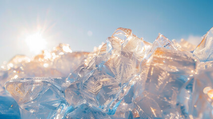 A large pile of ice, with the sun shining brightly on it