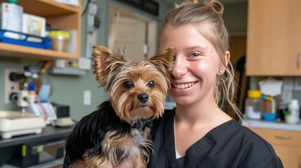 young woman in veterinarian uniform, smiling while holding a small dog, vet clinic background