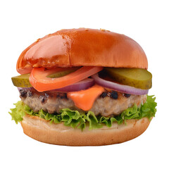 A cheeseburger with a sesame seed bun, lettuce, tomato, pickles, and cheese.