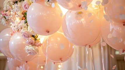 bridal shower decor with blush balloons, floral confetti, and warm candlelight, romantic and elegant