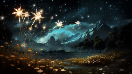 a beautiful summer landscape with glowing flowers and grass in a forest glade at night, moonlight, hills and beautiful nature