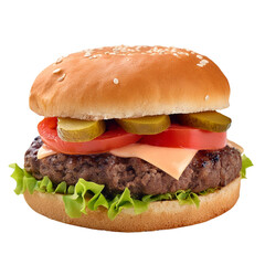 A cheeseburger with a sesame seed bun, lettuce, tomato, pickles, and cheese.