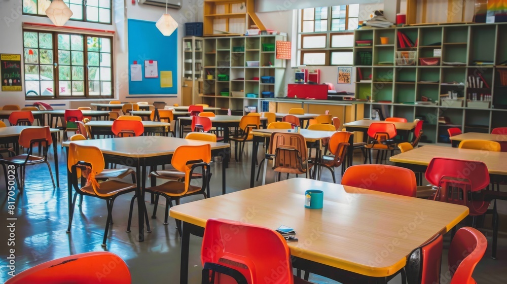 Poster an empty classroom with rows of tables and chairs neatly arranged, ready for students to occupy and 