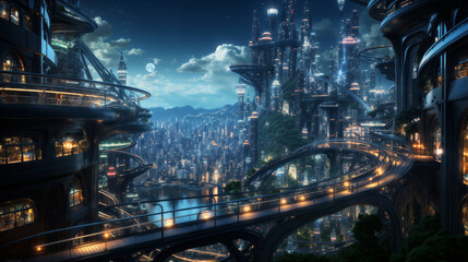 Fototapeta premium futuristic city streets in the late evening, building exteriors and bridges, roads and transport against the background of mountains and lakes, integration with nature