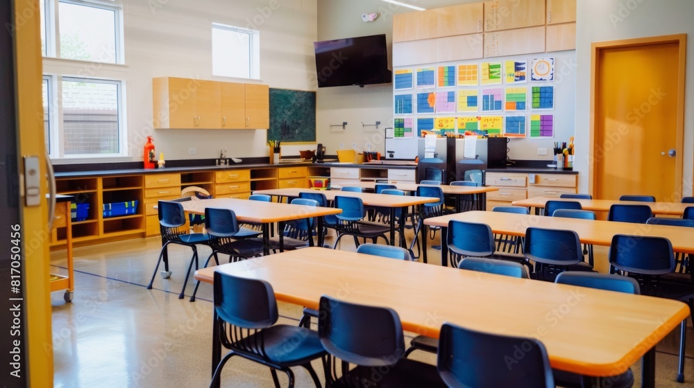 Poster An empty classroom with rows of tables and chairs neatly arranged, ready for students to occupy.